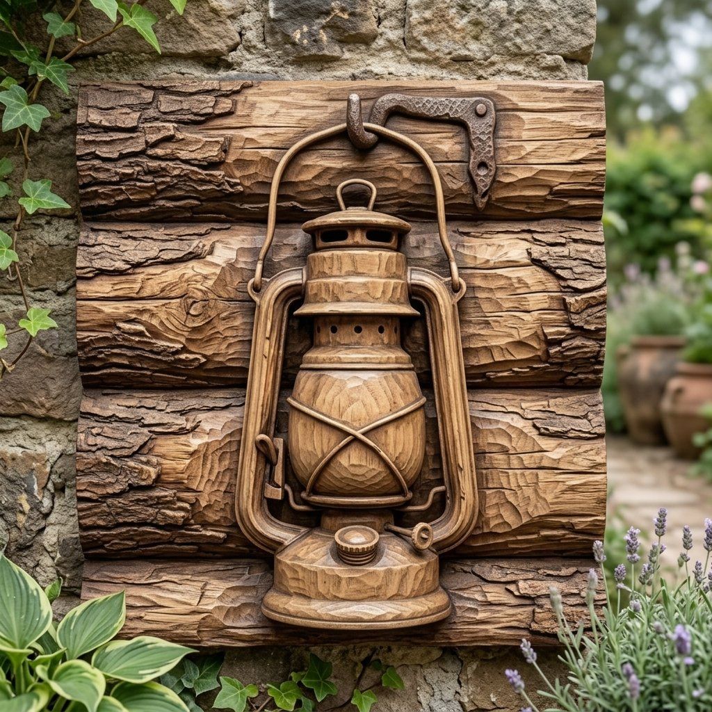 Rustic Lantern Wood Wall Art Panel bas-relief STL — view 5