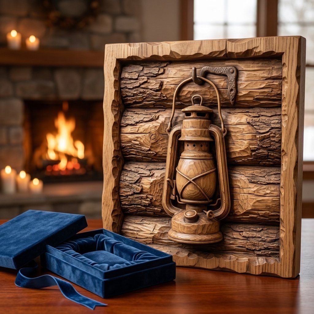Rustic Lantern Wood Wall Art Panel bas-relief STL — view 6