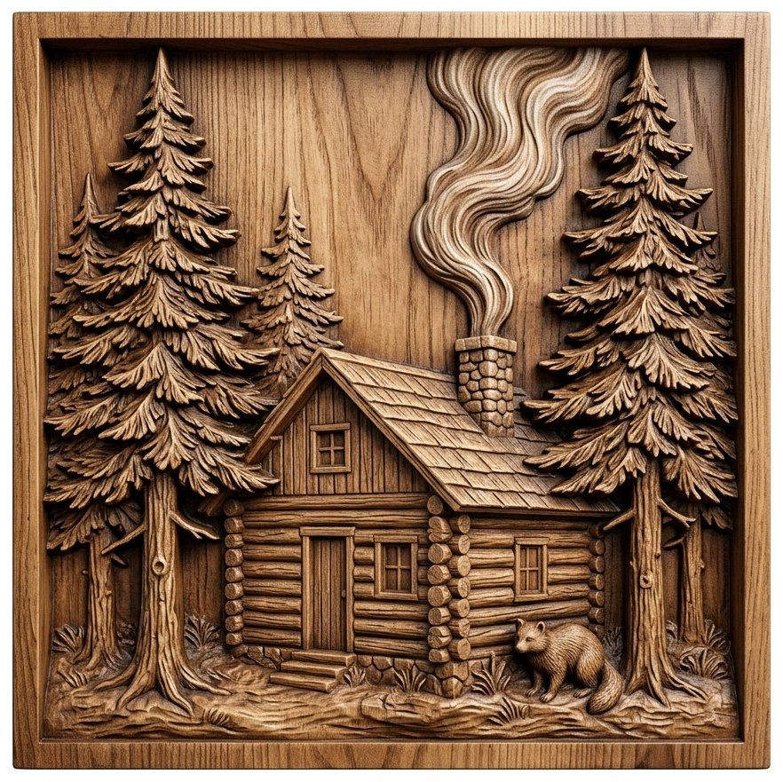 Rustic Log Cabin Forest Scene CNC Relief STL | Wildlife Wood Carving Design | Mountain Retreat Wall Art Panel — carved bas relief STL file for CNC
