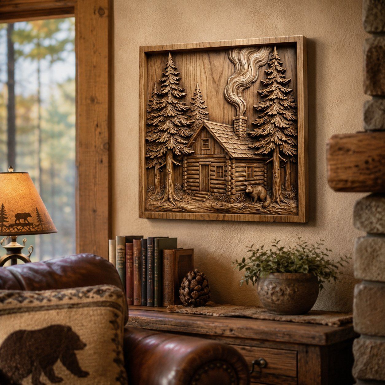 Rustic Log Cabin Forest Scene CNC Relief STL bas-relief STL — view 6