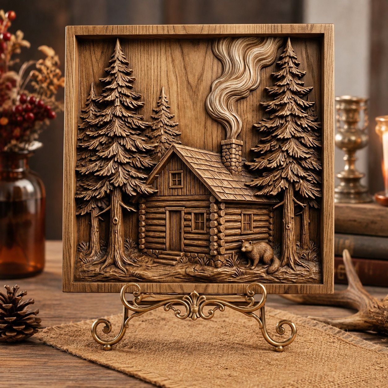 Rustic Log Cabin Forest Scene CNC Relief STL bas-relief STL — view 7