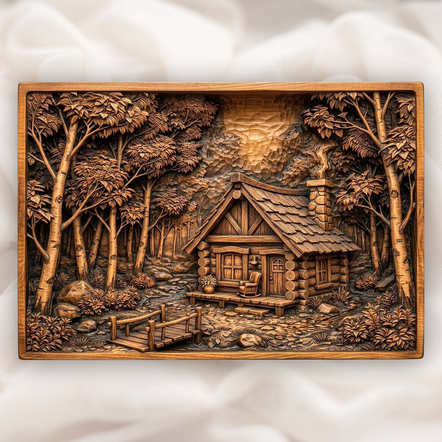 Rustic Log Cabin Forest Scene CNC Relief STL bas-relief STL design