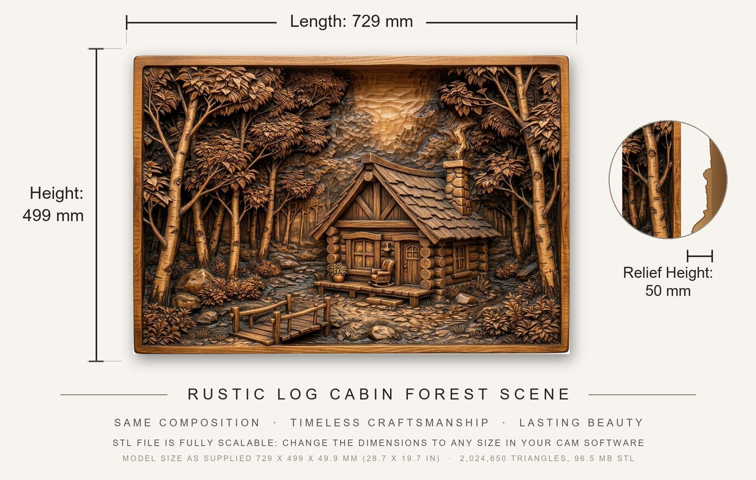 Rustic Log Cabin Forest Scene CNC Relief STL bas-relief STL — view 3