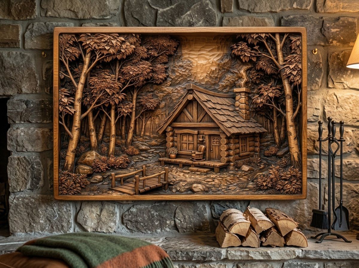 Rustic Log Cabin Forest Scene CNC Relief STL bas-relief STL — view 14