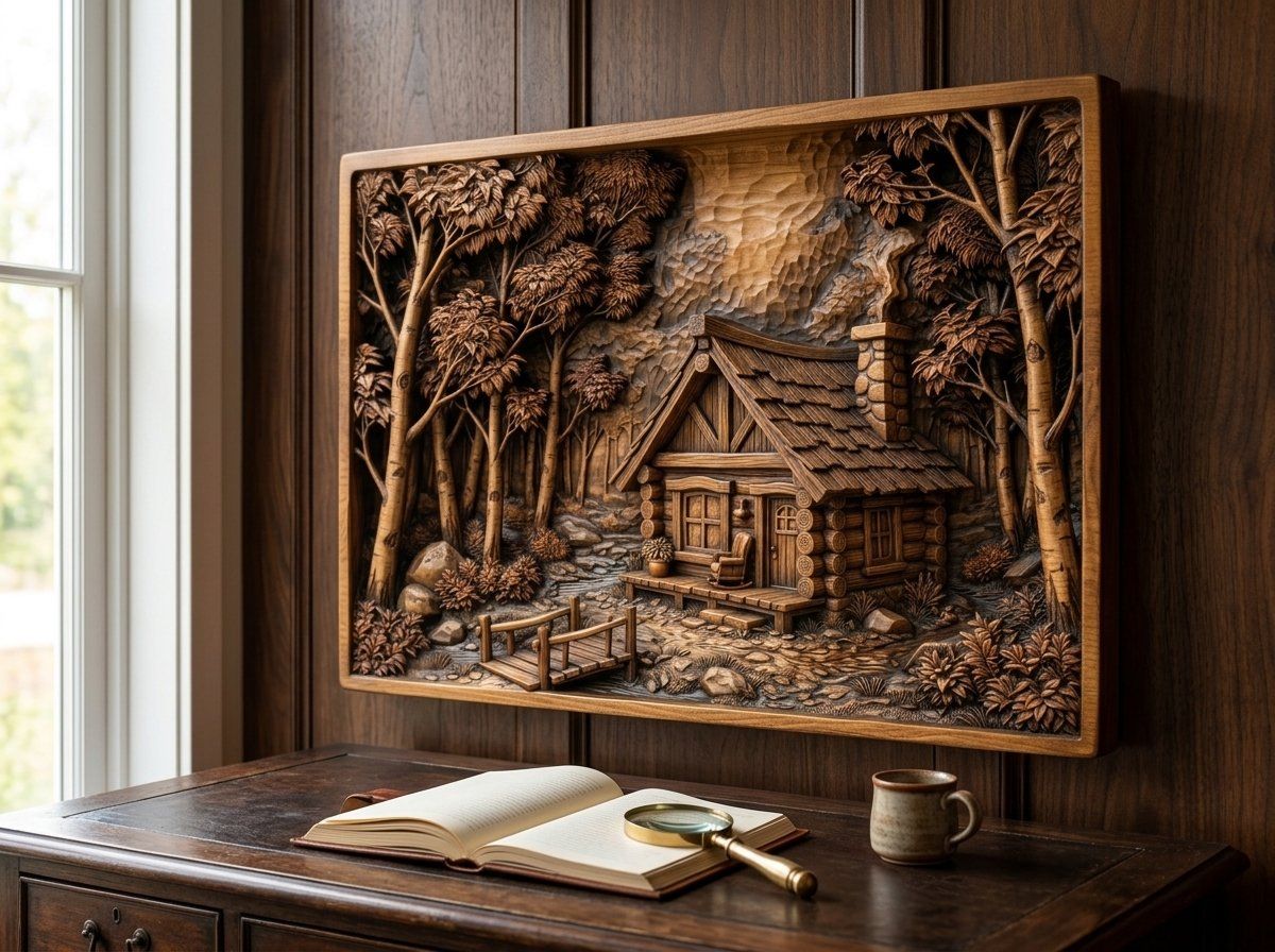 Rustic Log Cabin Forest Scene CNC Relief STL bas-relief STL — view 15