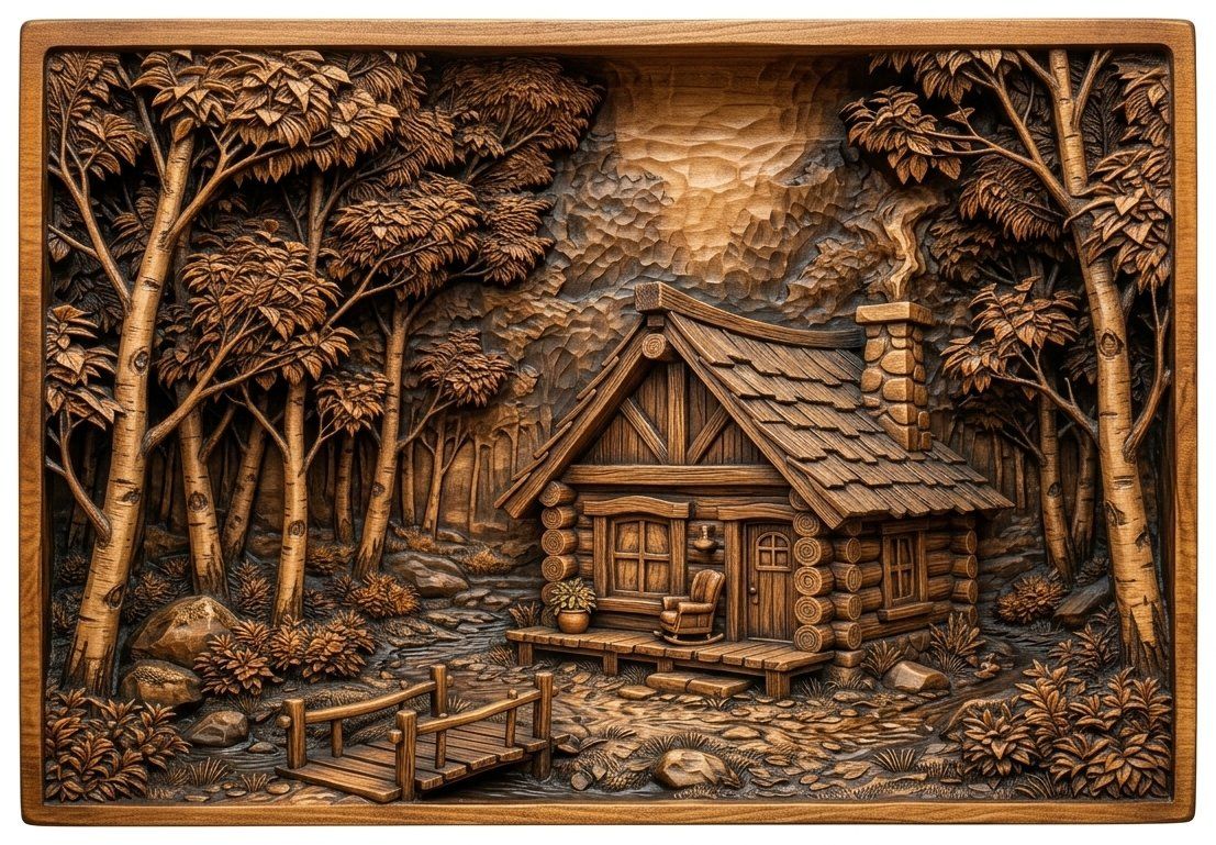 Rustic Log Cabin Forest Scene CNC Relief STL bas-relief STL — view 4
