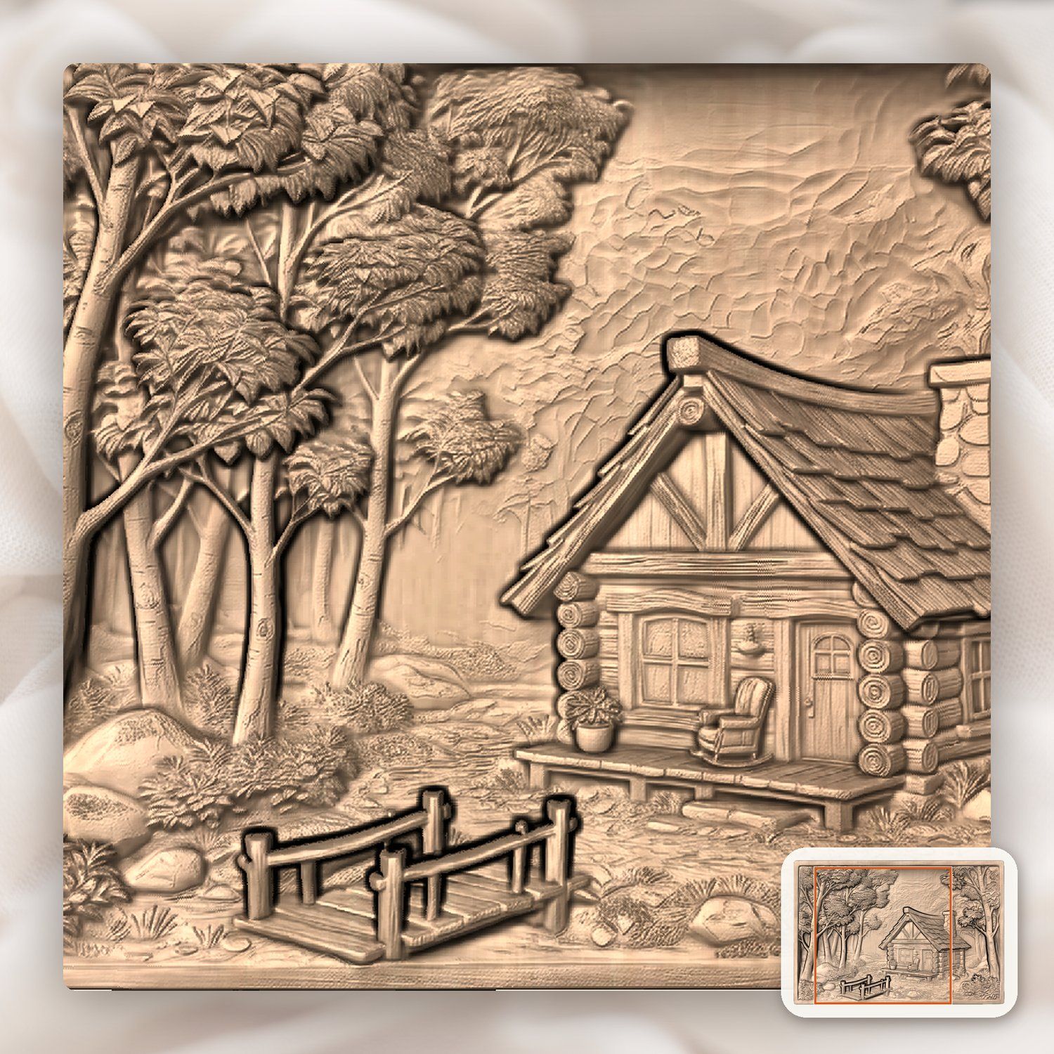 Rustic Log Cabin Forest Scene CNC Relief STL bas-relief STL — view 7
