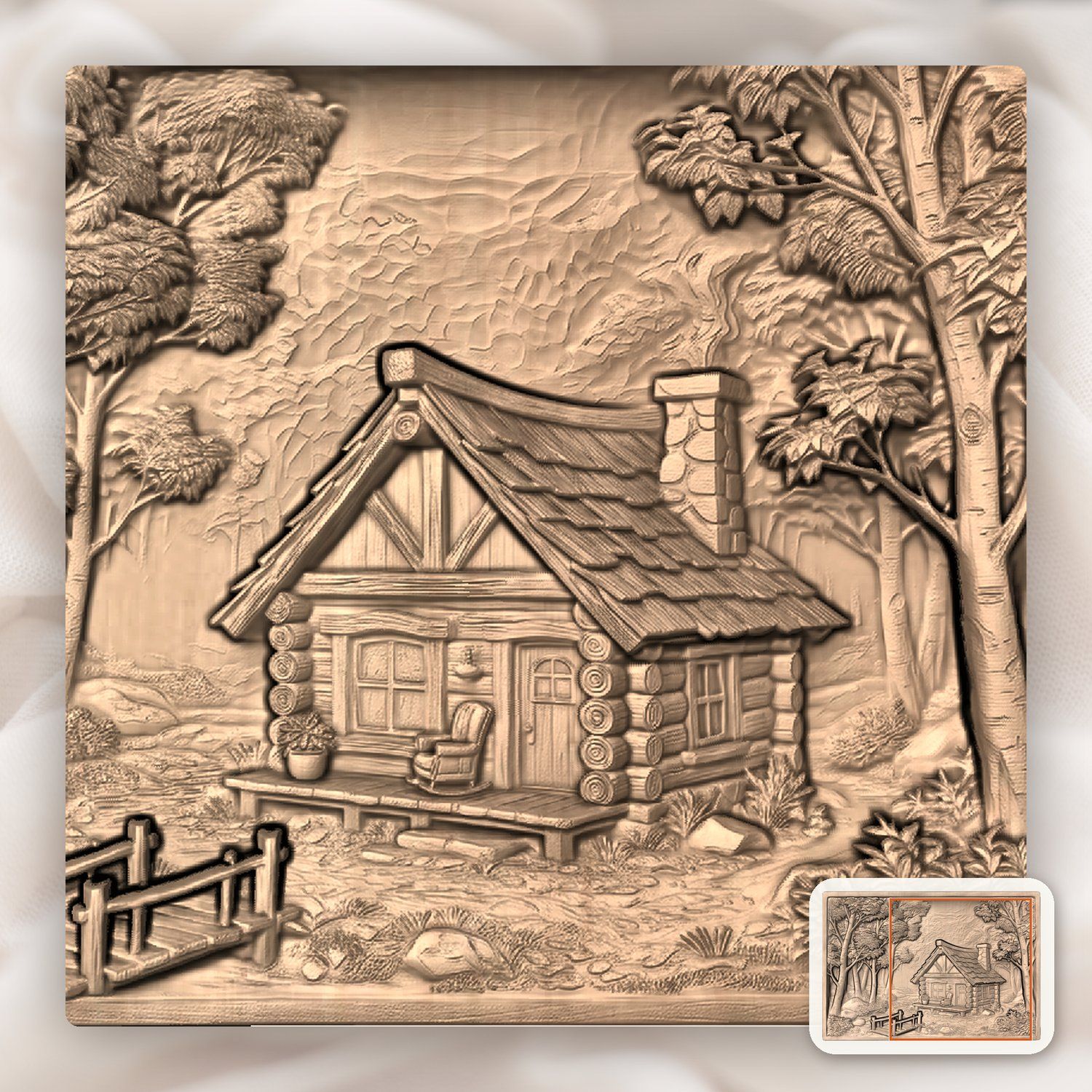 Rustic Log Cabin Forest Scene CNC Relief STL bas-relief STL — view 8