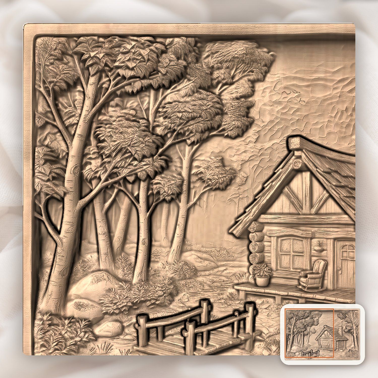 Rustic Log Cabin Forest Scene CNC Relief STL bas-relief STL — view 9