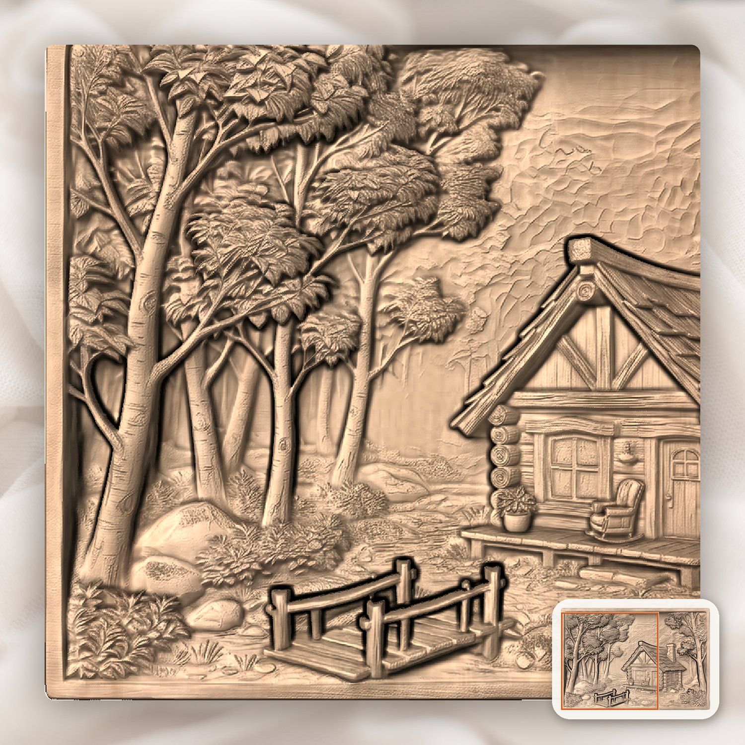 Rustic Log Cabin Forest Scene CNC Relief STL bas-relief STL — view 10