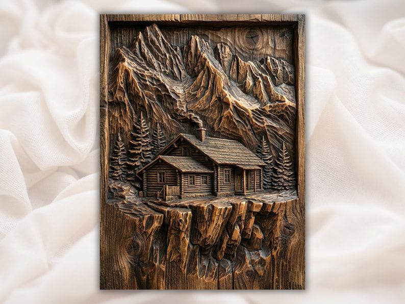 Carved wood relief of a log cabin on a rocky cliff below mountain peaks with pine trees