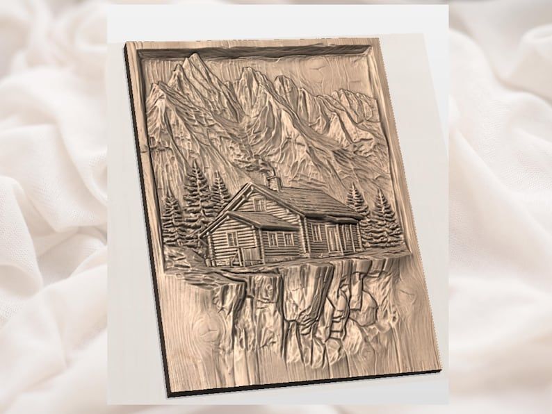 Mountain Log Cabin on a Cliff 3D Relief STL for CNC bas-relief STL — view 2