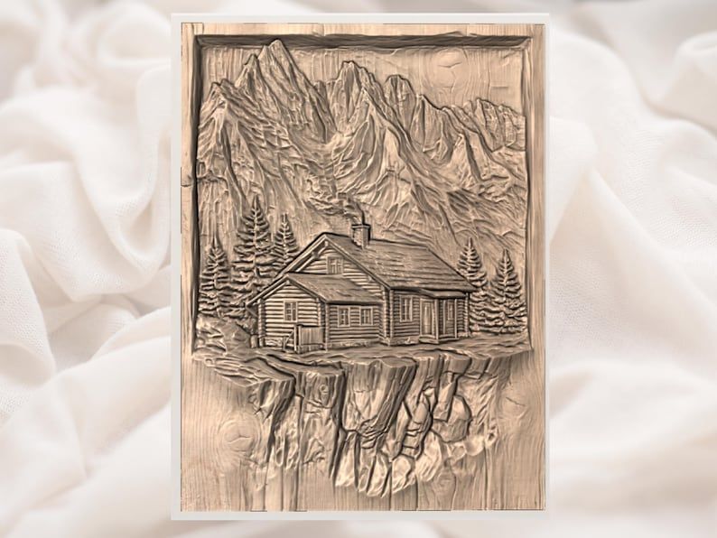 Mountain Log Cabin on a Cliff 3D Relief STL for CNC bas-relief STL — view 3