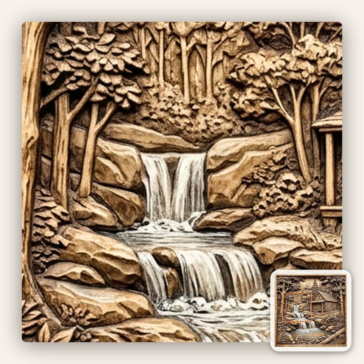 Rustic Log Cabin Waterfall Woods CNC Relief STL bas-relief STL — view 10