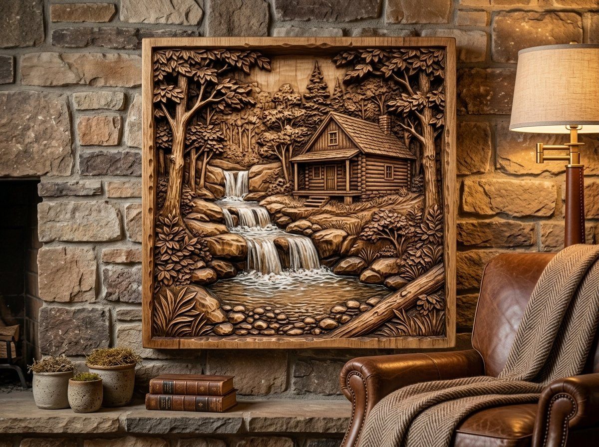 Rustic Log Cabin Waterfall Woods CNC Relief STL bas-relief STL — view 12