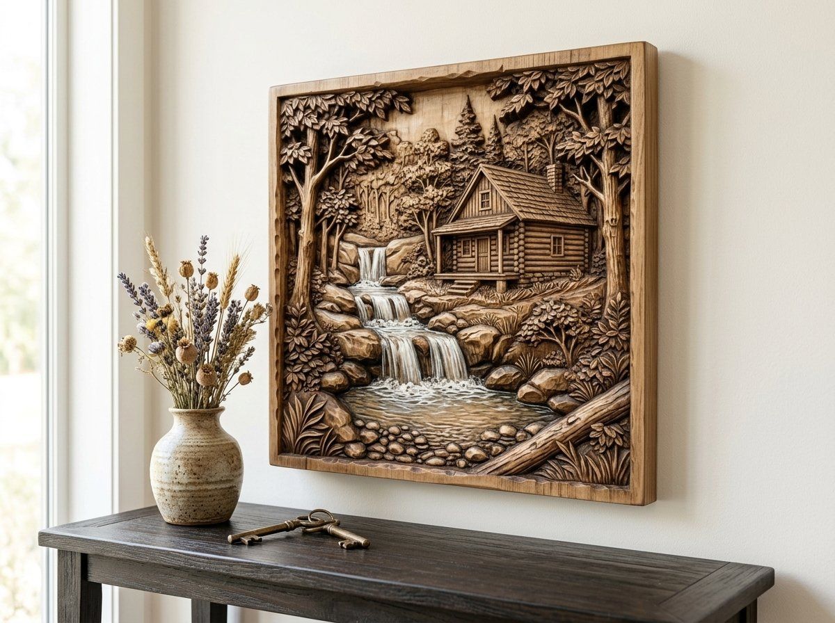 Rustic Log Cabin Waterfall Woods CNC Relief STL bas-relief STL — view 13