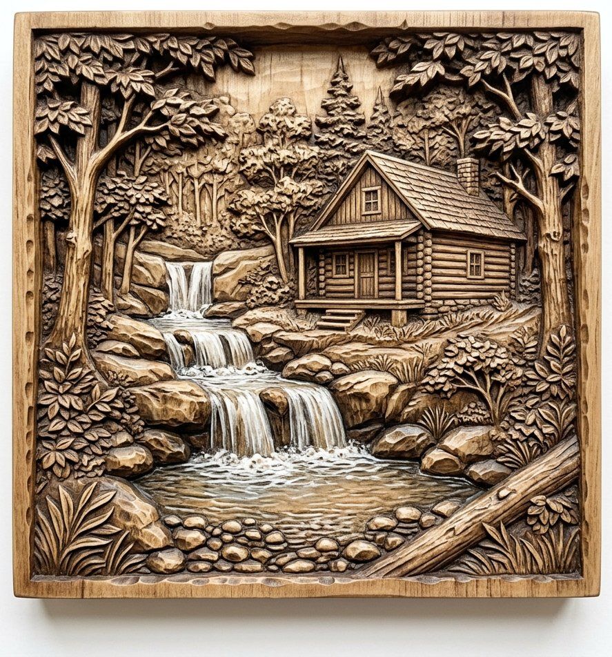 Rustic Log Cabin Waterfall Woods CNC Relief STL bas-relief STL — view 2