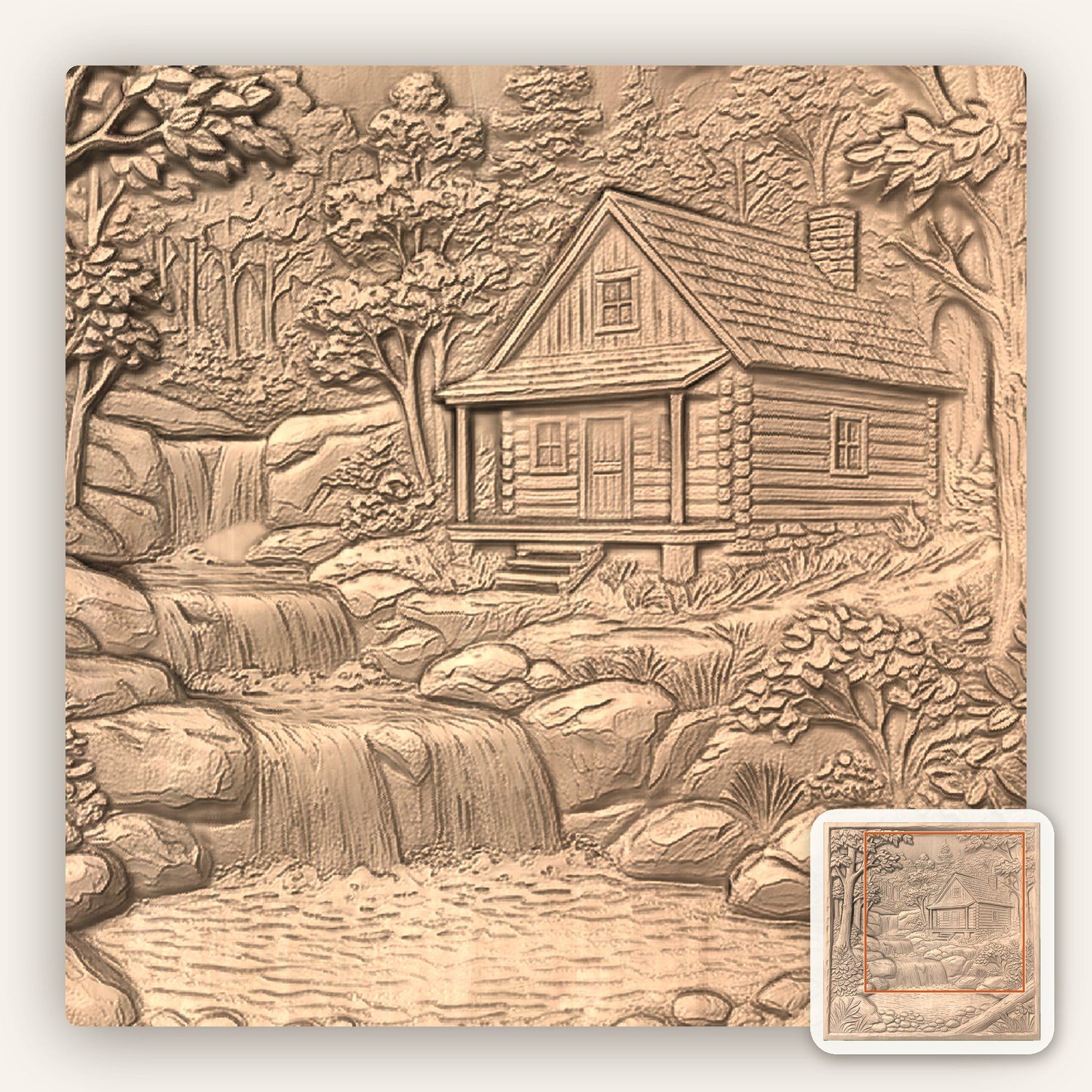 Rustic Log Cabin Waterfall Woods CNC Relief STL bas-relief STL — view 5