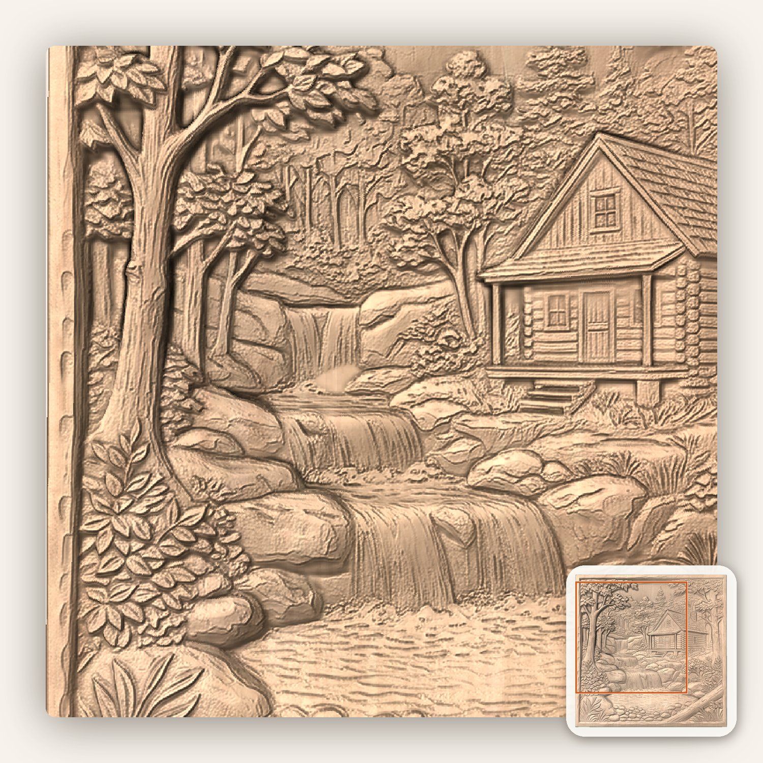 Rustic Log Cabin Waterfall Woods CNC Relief STL bas-relief STL — view 6