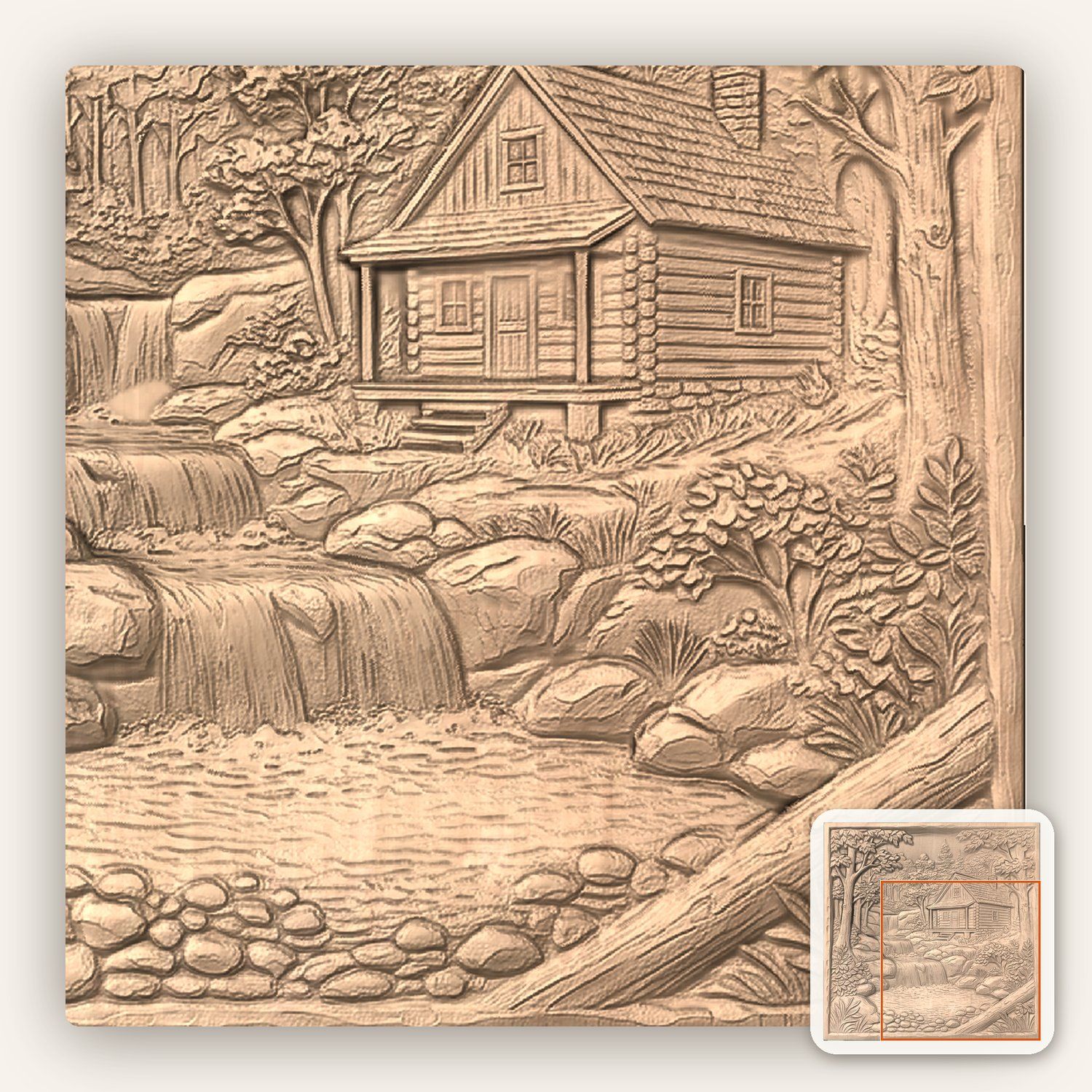 Rustic Log Cabin Waterfall Woods CNC Relief STL bas-relief STL — view 7