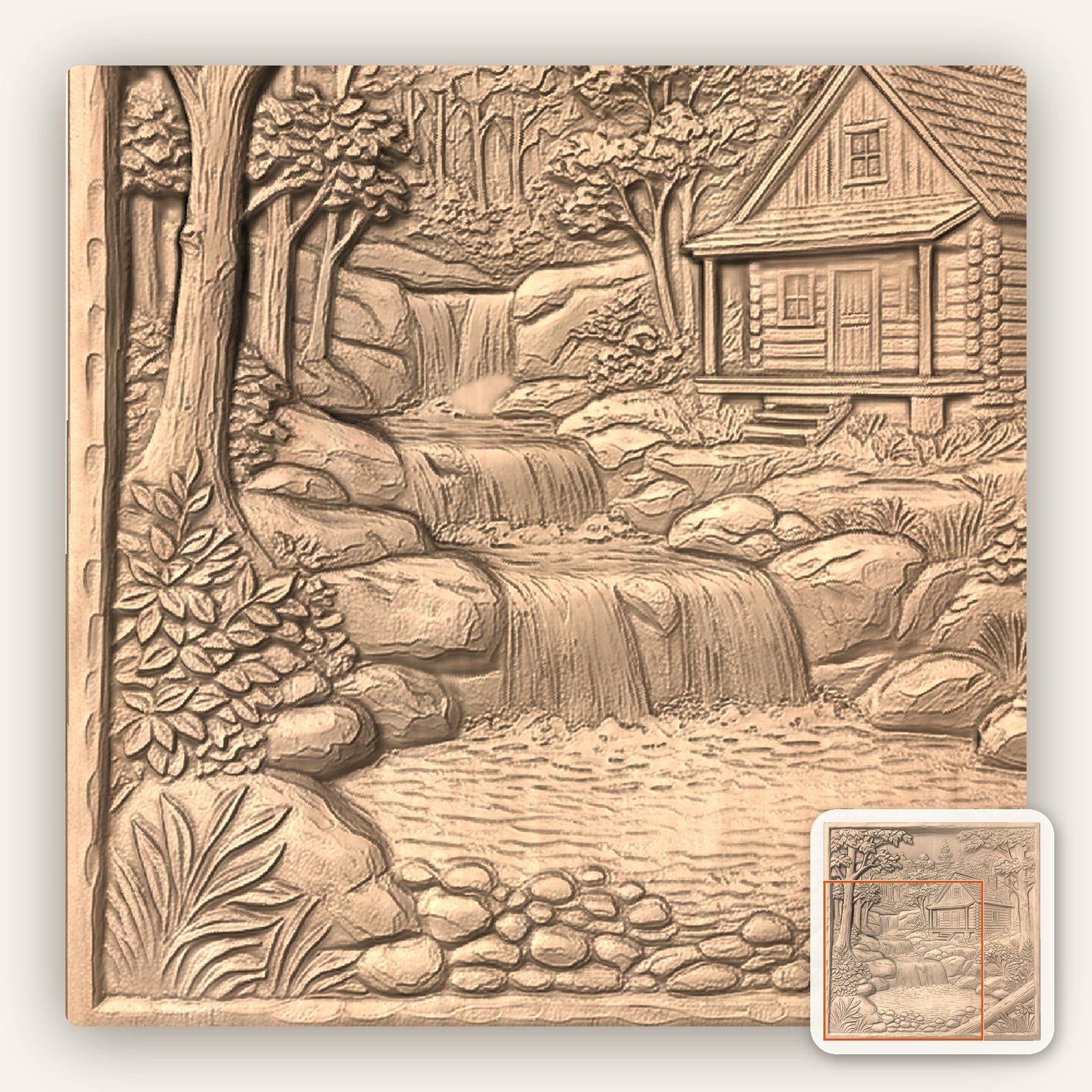 Rustic Log Cabin Waterfall Woods CNC Relief STL bas-relief STL — view 8