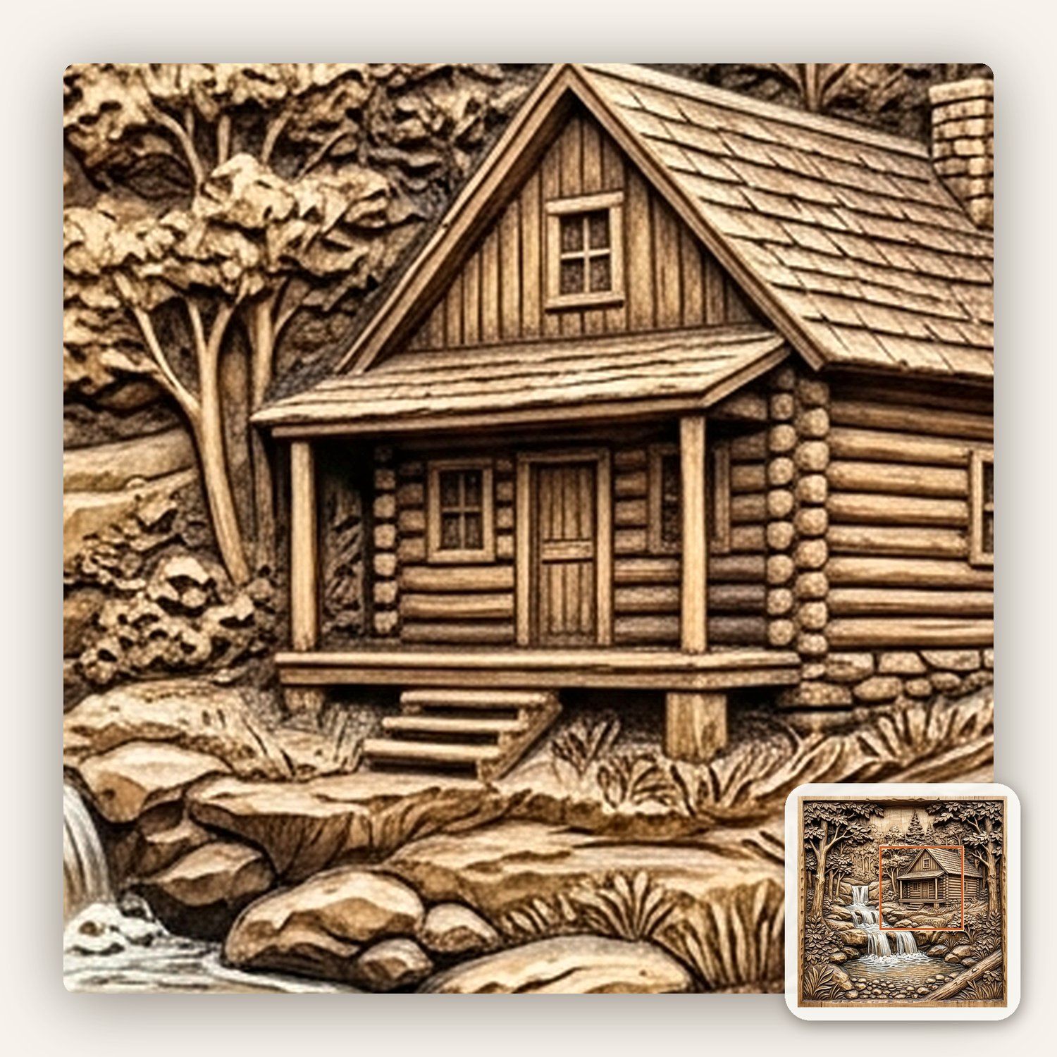Rustic Log Cabin Waterfall Woods CNC Relief STL bas-relief STL — view 9