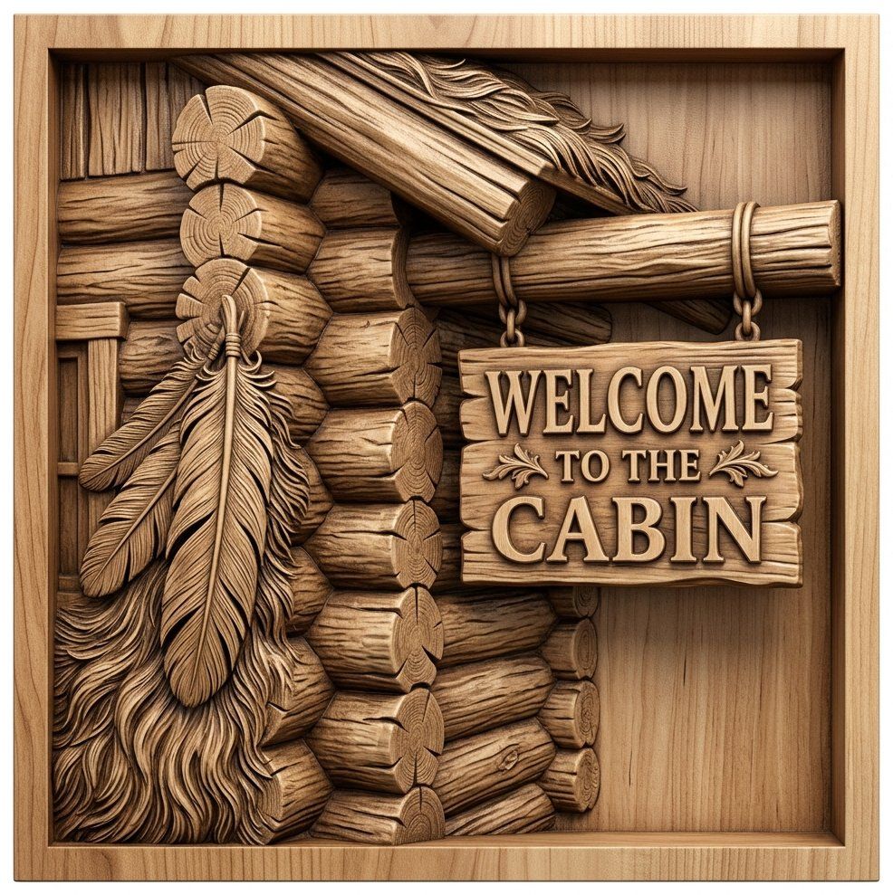 Rustic Log Cabin Welcome Sign CNC Relief STL | Forest Lodge Wall Art Design | Decorative Wood Panel File | VCarve Aspire Carveco — carved bas relief STL file for CNC
