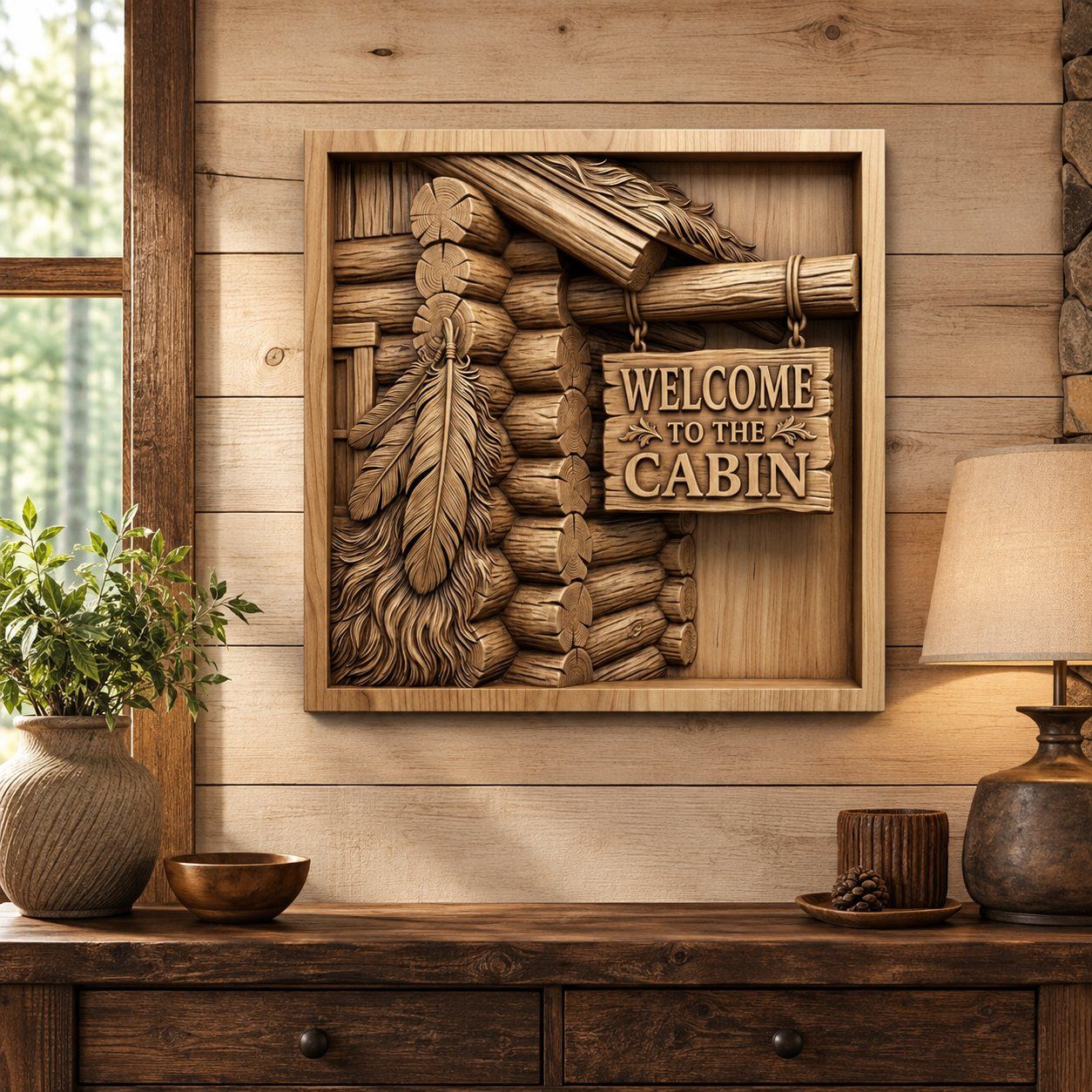 Rustic Log Cabin Welcome Sign CNC Relief STL bas-relief STL — view 6