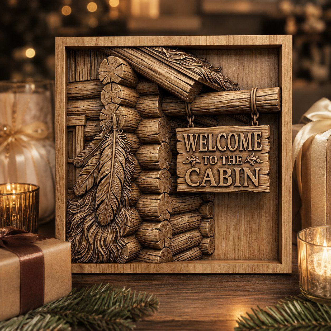 Rustic Log Cabin Welcome Sign CNC Relief STL bas-relief STL — view 9
