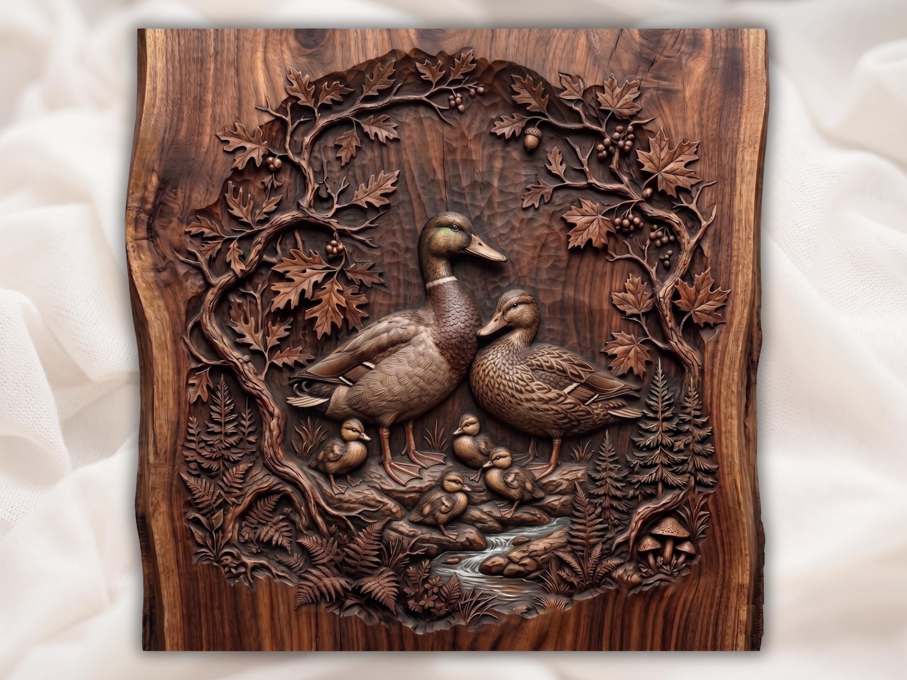 Carved wood bas-relief of two mallard ducks and five ducklings by a stream, framed by oak leaves and ferns.