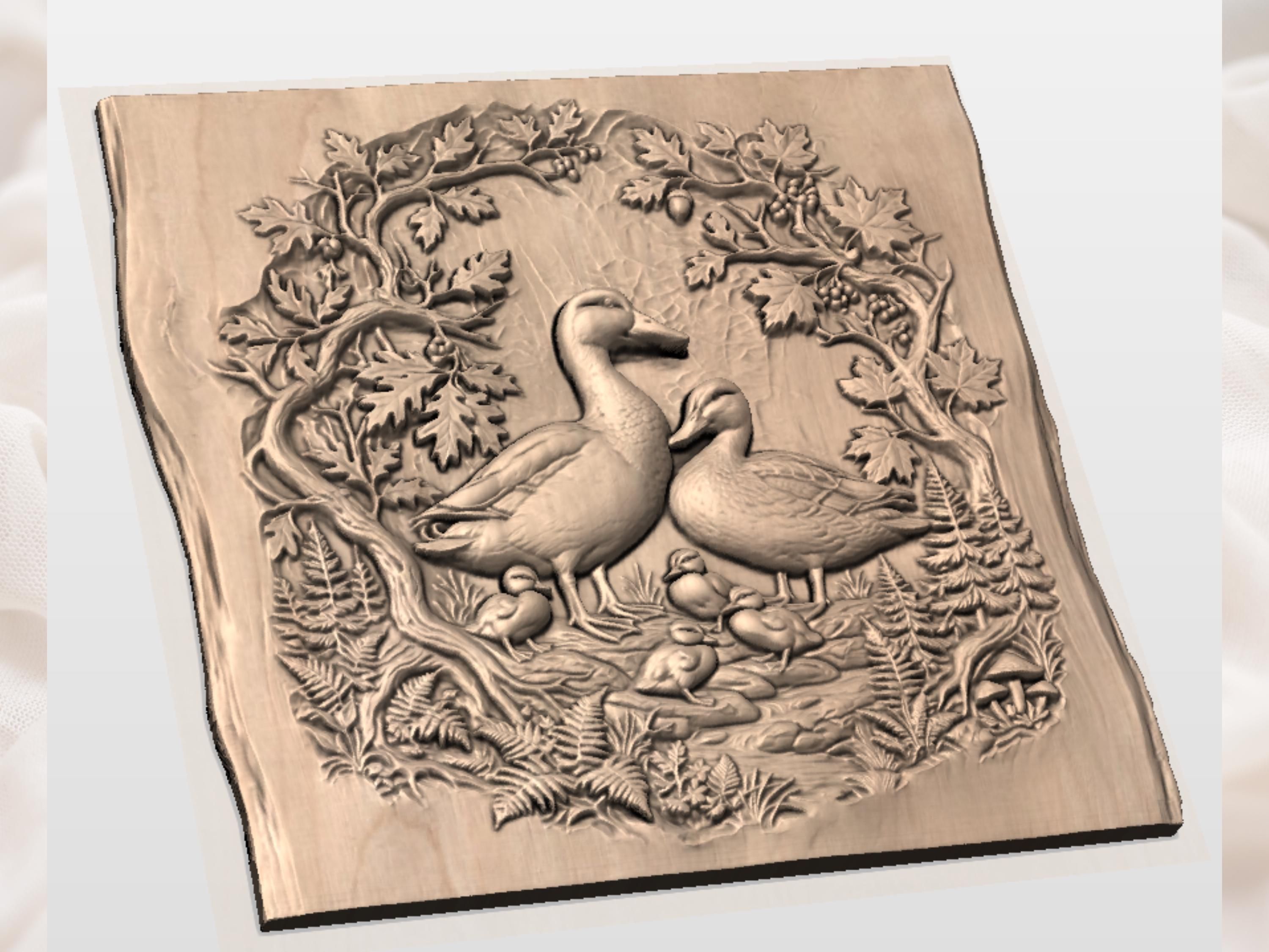 Mallard Duck Family by the Stream Bas-Relief STL bas-relief STL — view 3
