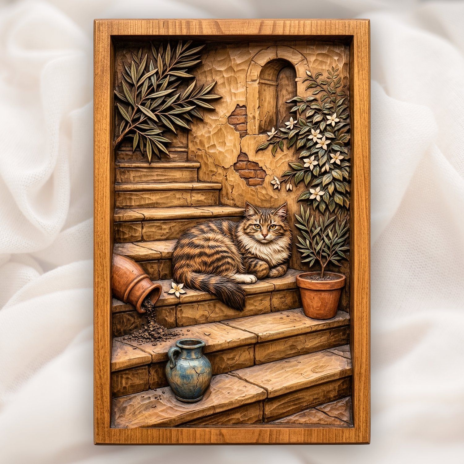 Rustic Mediterranean Cat on Stone Steps CNC Relief STL bas-relief STL design