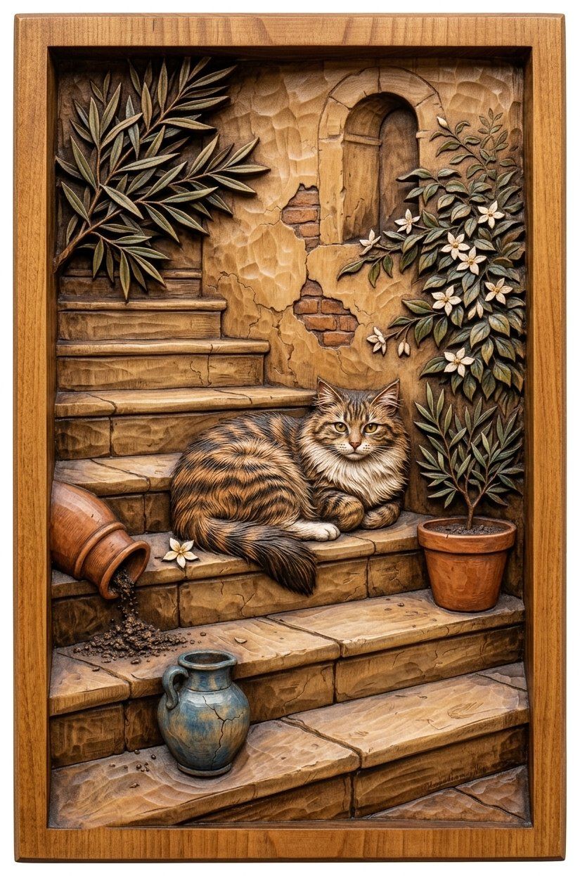 Rustic Mediterranean Cat on Stone Steps CNC Relief STL bas-relief STL — view 12