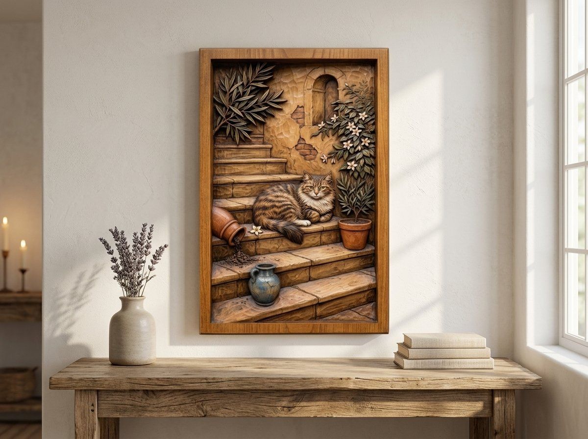 Rustic Mediterranean Cat on Stone Steps CNC Relief STL bas-relief STL — view 13