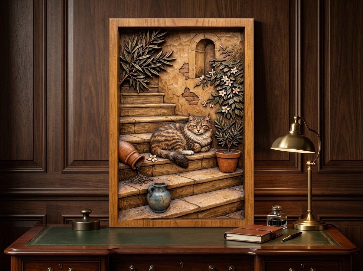 Rustic Mediterranean Cat on Stone Steps CNC Relief STL bas-relief STL — view 14