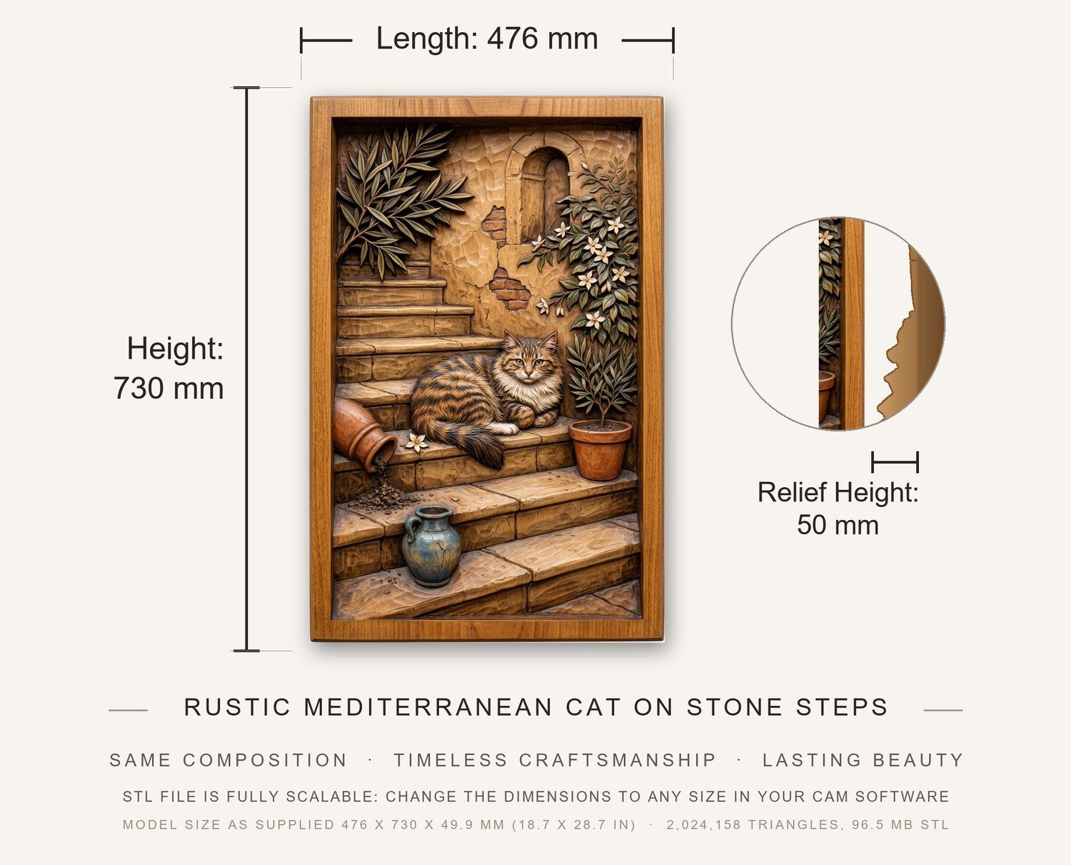 Rustic Mediterranean Cat on Stone Steps CNC Relief STL bas-relief STL — view 3