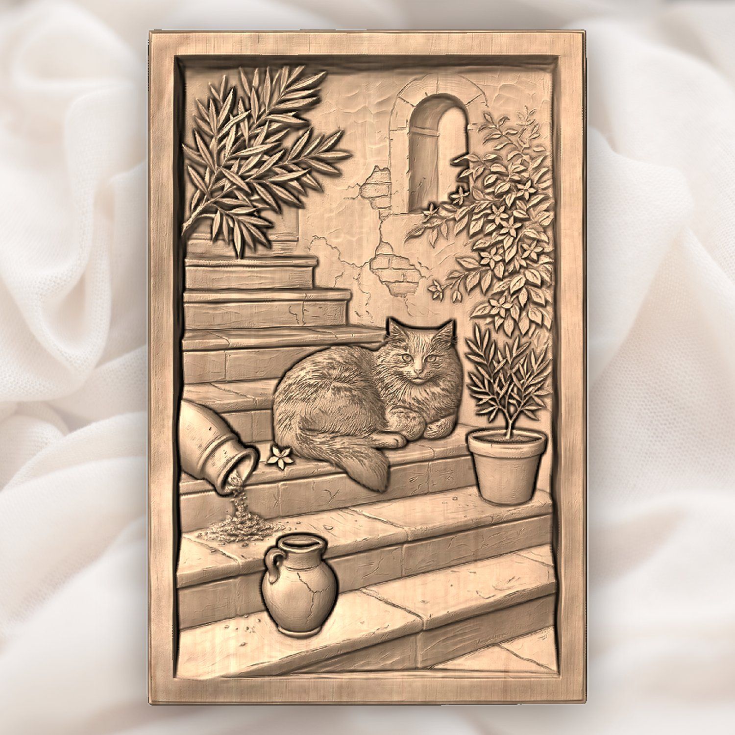 Rustic Mediterranean Cat on Stone Steps CNC Relief STL bas-relief STL — view 4