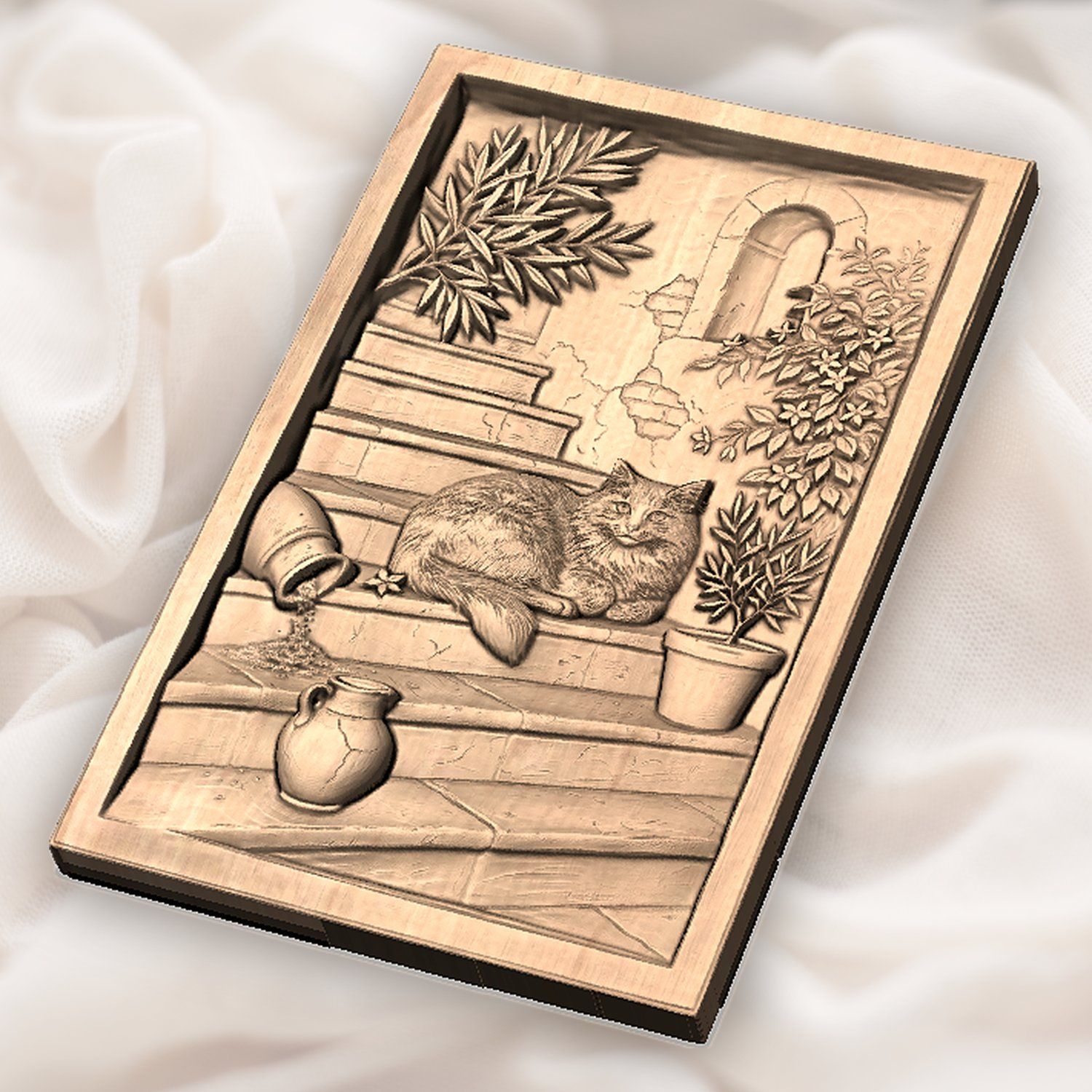 Rustic Mediterranean Cat on Stone Steps CNC Relief STL bas-relief STL — view 5