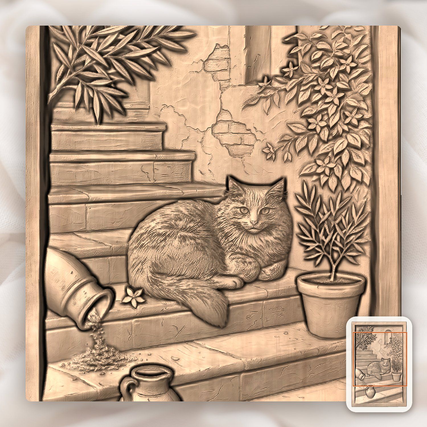 Rustic Mediterranean Cat on Stone Steps CNC Relief STL bas-relief STL — view 6