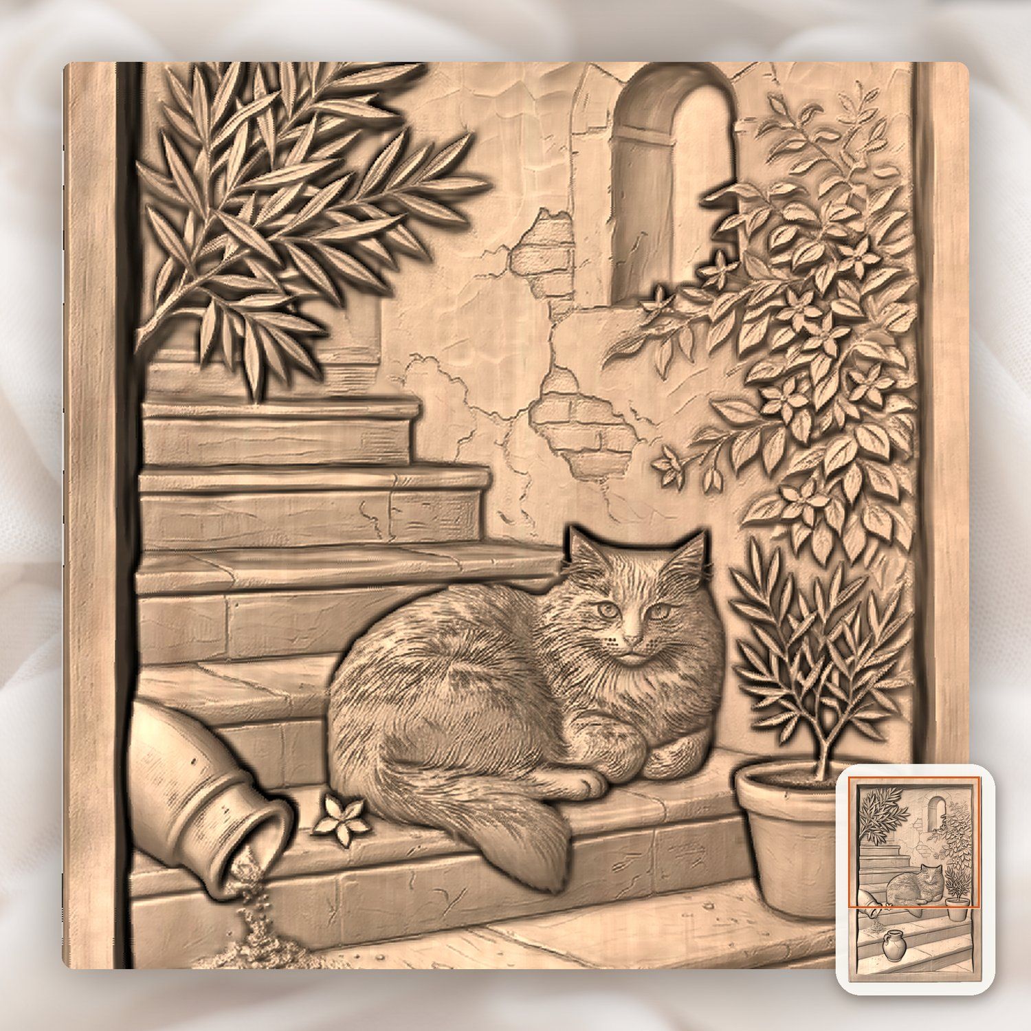 Rustic Mediterranean Cat on Stone Steps CNC Relief STL bas-relief STL — view 7