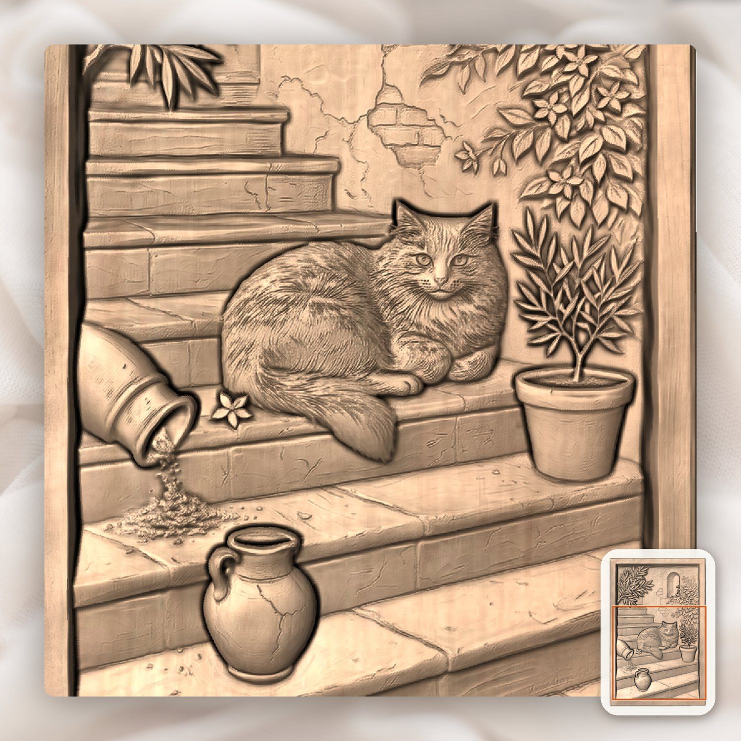 Rustic Mediterranean Cat on Stone Steps CNC Relief STL bas-relief STL — view 8