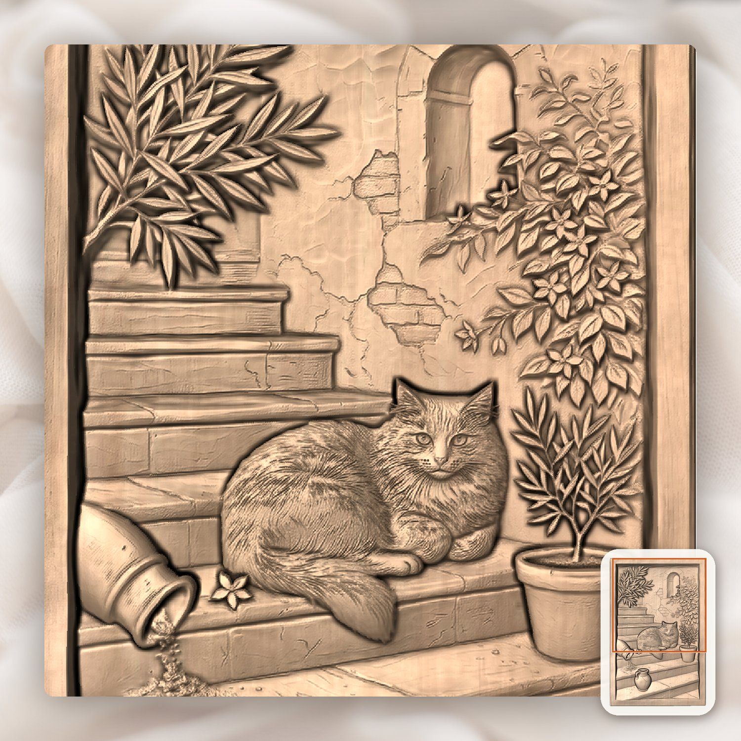 Rustic Mediterranean Cat on Stone Steps CNC Relief STL bas-relief STL — view 9