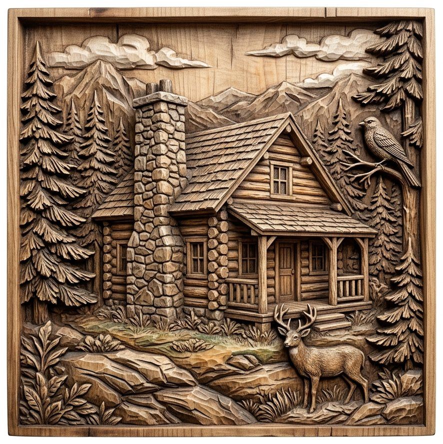 Rustic Mountain Cabin Wall Art | Forest Wildlife Scene Panel | Deer and Pine Tree Decor — carved bas relief STL file for CNC
