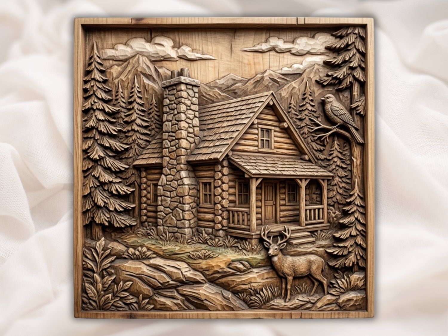 Rustic Mountain Cabin Wall Art bas-relief STL — view 2