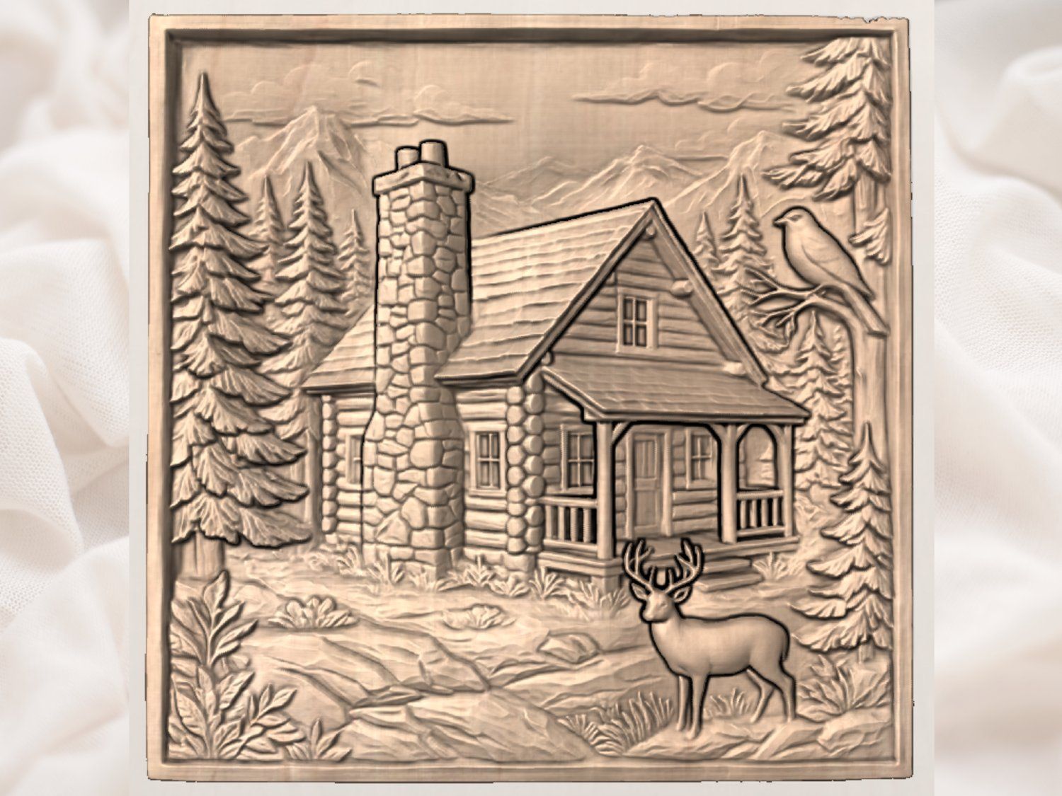 Rustic Mountain Cabin Wall Art bas-relief STL — view 3