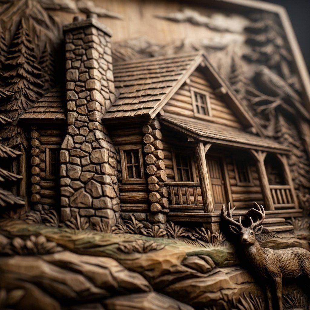 Rustic Mountain Cabin Wall Art bas-relief STL — view 5