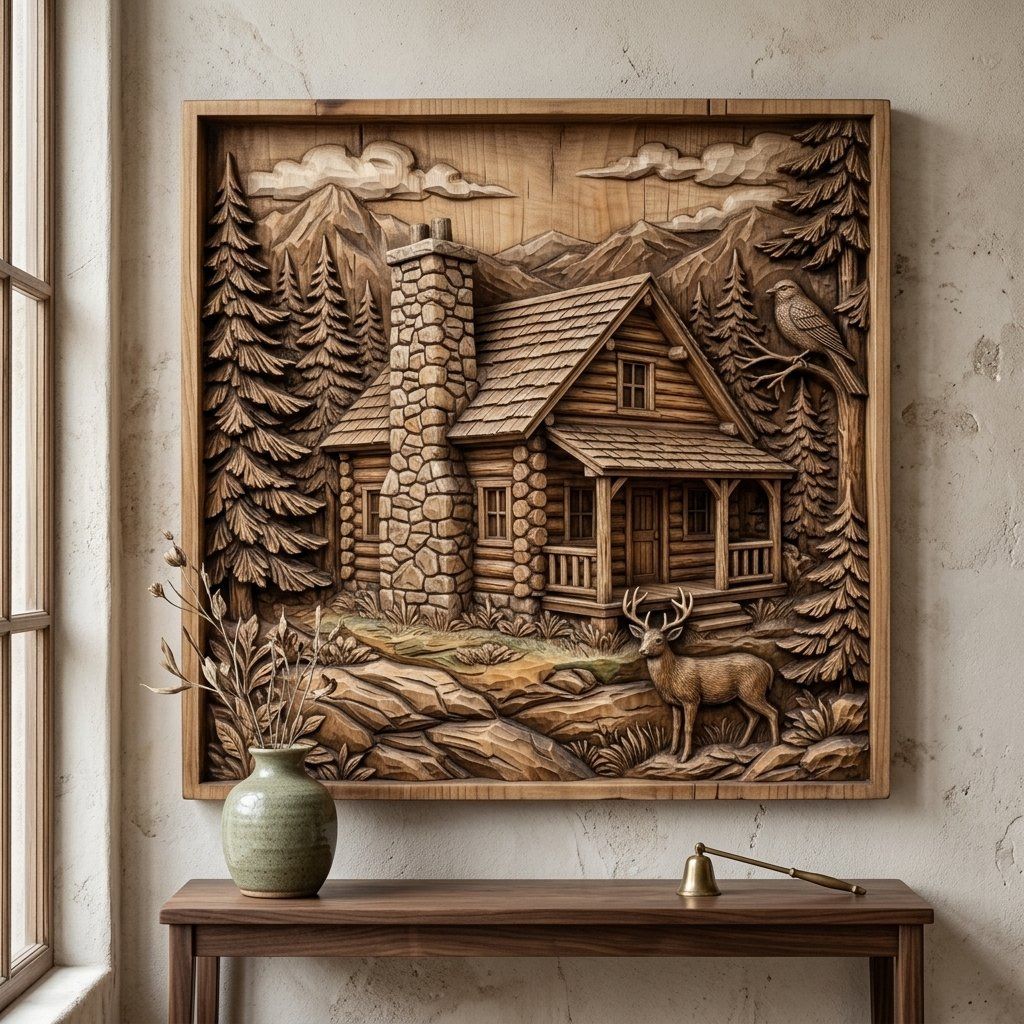 Rustic Mountain Cabin Wall Art bas-relief STL — view 6