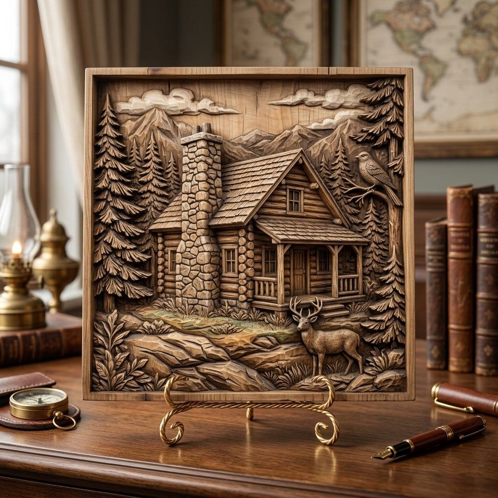 Rustic Mountain Cabin Wall Art bas-relief STL — view 7