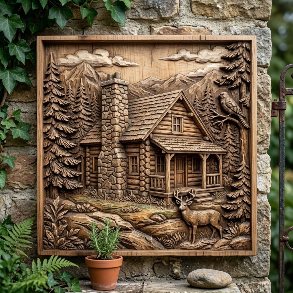 Rustic Mountain Cabin Wall Art bas-relief STL — view 8