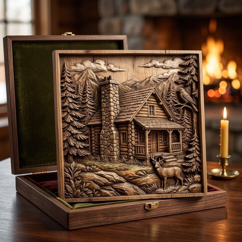 Rustic Mountain Cabin Wall Art bas-relief STL — view 9